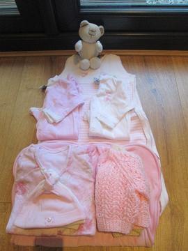 BUNDLE OF GIRLS BABY CLOTHES - NEW BORN - 6 MONTHS - BABYGROWS/SLEEPING BAGS/HATS/CARDIGANS