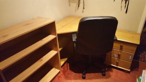 Corner Desk, Swivel Chair, Bookcase & Cupboard