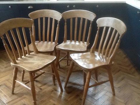 4 attractive, matching farmhouse chairs, solid wood
