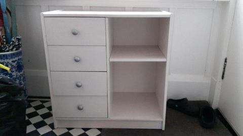 White wood unit with 3 drawers and one shelf