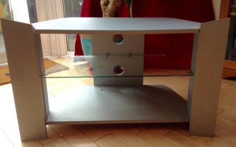 Tv stand - silver, wooden with glass shelf