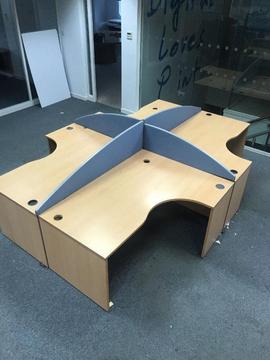 4 X office corner angle desk pod with divider and 4 pedestal