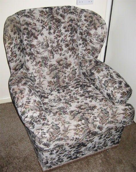 Upholstered Tapestry-Design Winged Sofa Chair - in good condition - Free To Collector