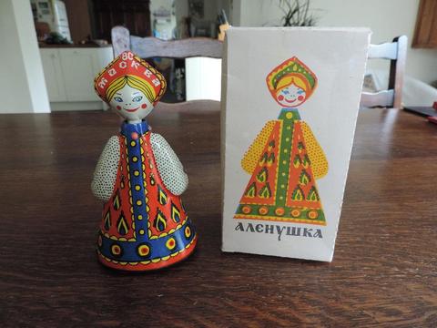 Vintage Russian metal wind-up Toy doll with original Key & box