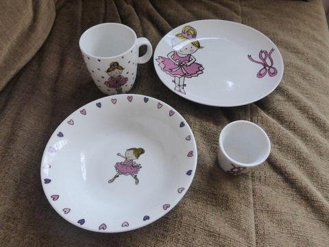 Beautiful balerina design cutlery set - plate, bowl, mug & egg holder - suits 3-7 years