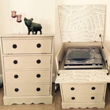 Record Player/Turntable Cupboard/Unit, Shabby Chic Chalk Paint/Musical Decoupage - UNIQUE