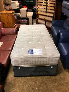 Grey velvet sprung single bed base and thick heavy mattress