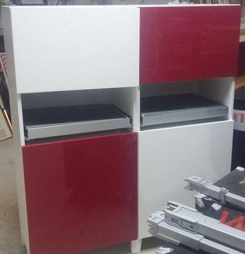 office home cupboard ikea Besta with red white door shelve pull out board desk cabinet