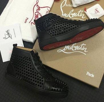 Christian Louboutin Black Calfskin Leather Spiked High Top Red Bottom Sneakers