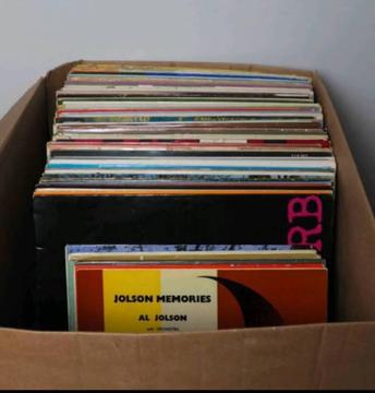 Large box of 74 vinyl records lp's