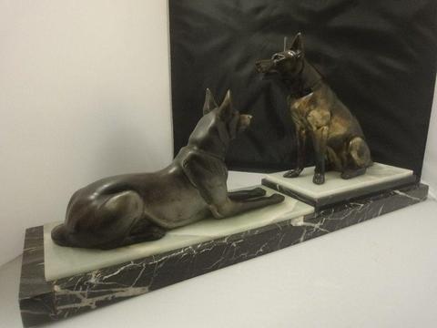 An Art Deco Spelter and marble group of two Alsatians circa 1930s length=66cm