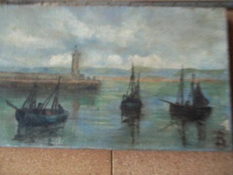 Victorian Oil on Canvass Smeatons Pier St Ives Cornwall