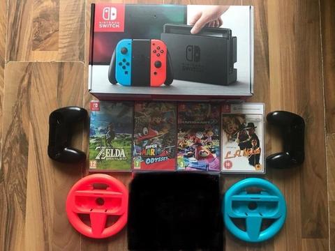nintendo switch neon / blue plus 4 games & extras, all boxed , as new ! price stands , no offers !