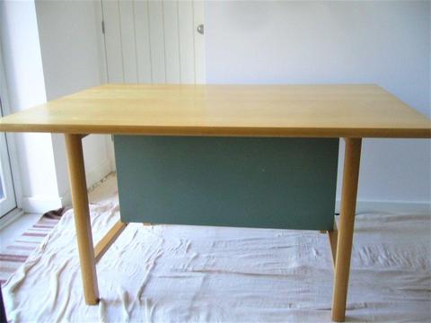 Large IKEA Office Worktable in birch with sage green under-table panel. 1050 x 1400. Height 750