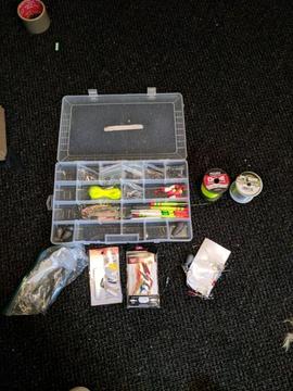 Spinning rod +reel , carp rod +reel and box with spinners weights and more