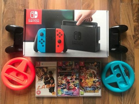 nintendo switch neon / blue plus 3 games & extras, boxed , as new ! MAY SWAP FOR XBOX ONE X & GAMES