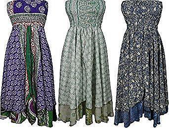 Womens Silk Skirt Dress Lot Of 3 Recycled Sari Maxi Beach Holiday Skirt Medium