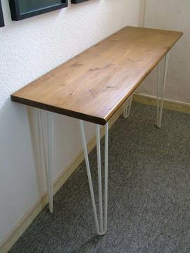 Bespoke handmade wooden table / desk. 120 x 40. Industrial retro, white hairpin legs, medium wax
