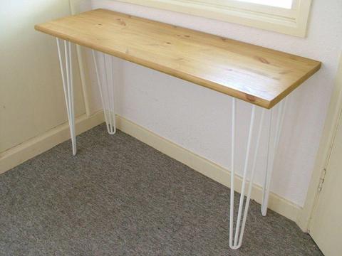 Bespoke handmade wooden table / desk. 120 x 40. Industrial retro, white hairpin legs, light wax