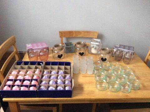 Table Decorations, Glass Candle Holders, Bon Bon dishes & 30 Unused Pink & Purple Candles