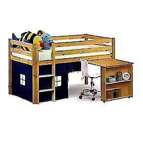 Pine mid sleeper bed with desk and bookcase