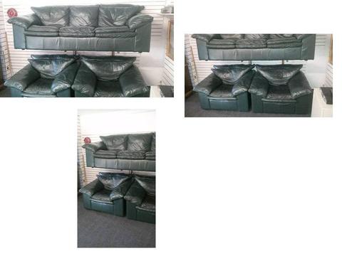 REDUCED GOOD QUALITY LEATHER VERY DARK GREEN 3 SEATER SOFA AND 2 CHAIRS LOOKS LIKE BLACK VERY DARK