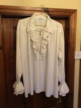 Men’s White Ruffled Cotton Shirt - Victorian / Goth / Pirate, Size L Fancy Dress As New