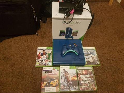 Xbox 360 special edition/limited edition 500gb blue all boxed with thrustmaster steering wheel