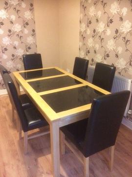 Dining table & 6 leather chairs - Solid granite inserts - Leather Chairs (not faux leather)