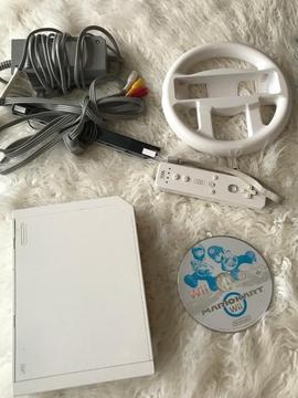 Nintendo Wii console plus Mario Kart and Wheel