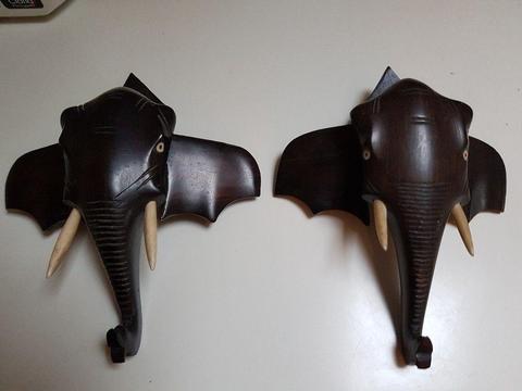 Carved ebony elephant head wall ornaments