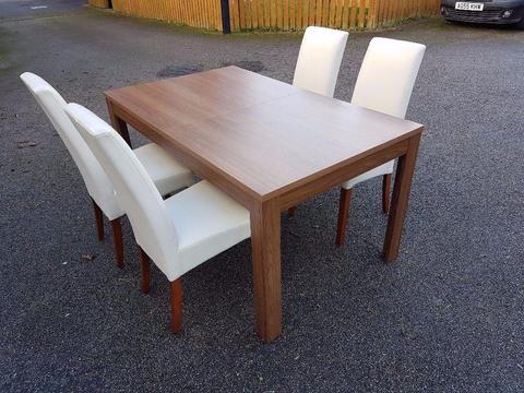 Medium Wood Veneer Extending Table & 4 Cream Leather Chairs FREE DELIVERY 787
