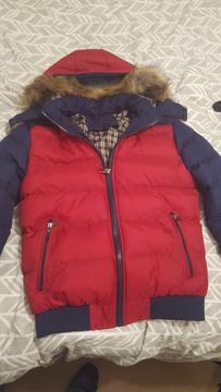 Brand new red and blue coat with fur hood - Large
