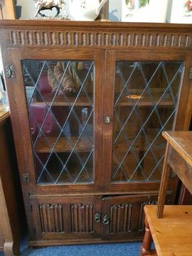 Solid Oak Bookcase With Leaded Glass Front