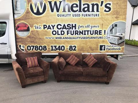3 seater sofa & armchair in brown suede fabric,was £1200 new,we need £245, mint mint condition