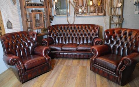 Chesterfield Vintage Leather 3 Seater Sofa & 2 Armchairs Ox Blood