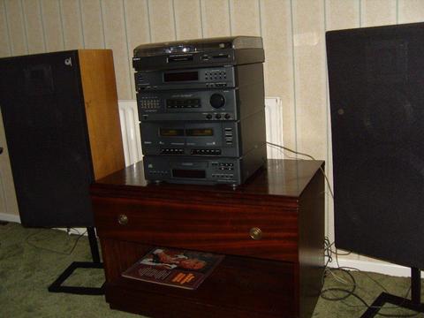 Wharfdale Lazer speakers on stands 13 x 13 x 26, and Sony LBT-D117 Stereo system