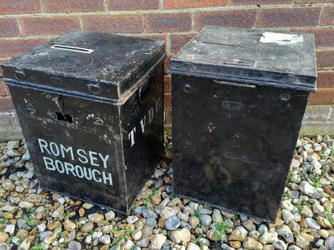 Pair of Vintage Election Ballot Boxes Locking Metal Voting Boxes Shop Display