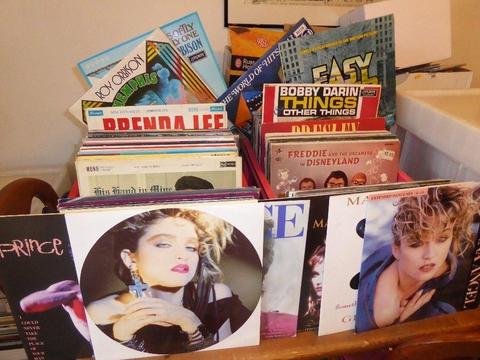 Two Large boxes of old vinyl LP records , Prince, Madonna, ELO, Elvis, etc