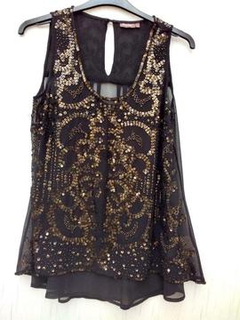 Phase Eight black evening dress metallic sequin overlay top size 12 party