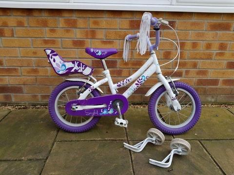 Raleigh Songbird 14 inch girls bike with stabilisers suitable for age 4-6
