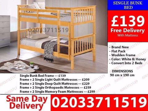 Brand New Pine Wooden Bunk Bed Available With Mattress Urbana