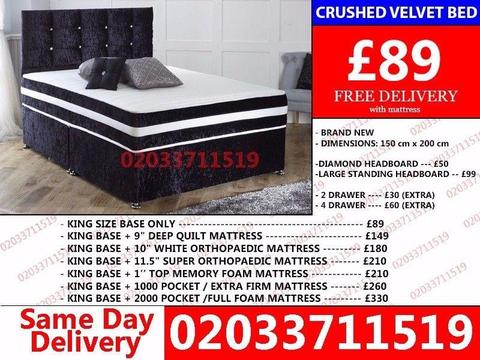 Crushed velvet bed king size Available double With Mattress Brand New Reno