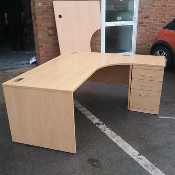 Large beech right hand turn desk with pedestal
