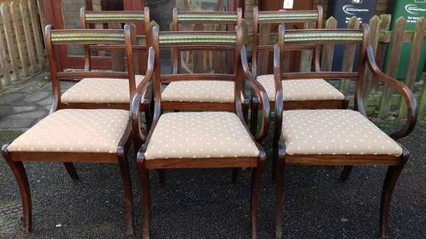6 Regency dining chairs,solid Mahogany,carved,stable,2 carver,some wear,no table