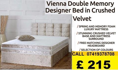 New Offer Double Crush Velvet Complete Bed Set With Headboard and Memory Foam