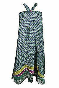Womens Skirt Reversible Two Layer Silk Sari Magic Wrap Skirt Dress (Green/Blue)