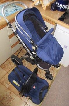 Navy blue ISafe Travel System, pushchair and matching car seat in excellent condition