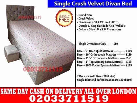Brand New Single Crush Velvet Divan Bed Available With Mattress Order Now Milano