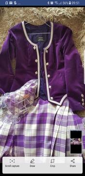 Ladies highland dance kilt outfit, approx size 8/10/young teen, purple tartan, jacket/kilt/socks inc